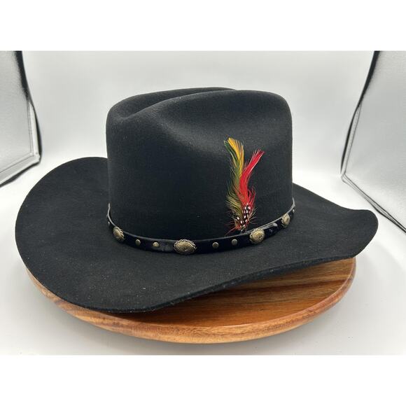Bee Hat Co Hat Cowboy Fitted 7 5/8 Black Fur Felt Western Concho USA Feather - Picture 1 of 16